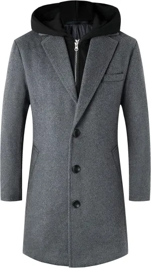 Lisskolo Men's Wool Blend Overcoat with Detachable Hooded Trench Coat Hip Length