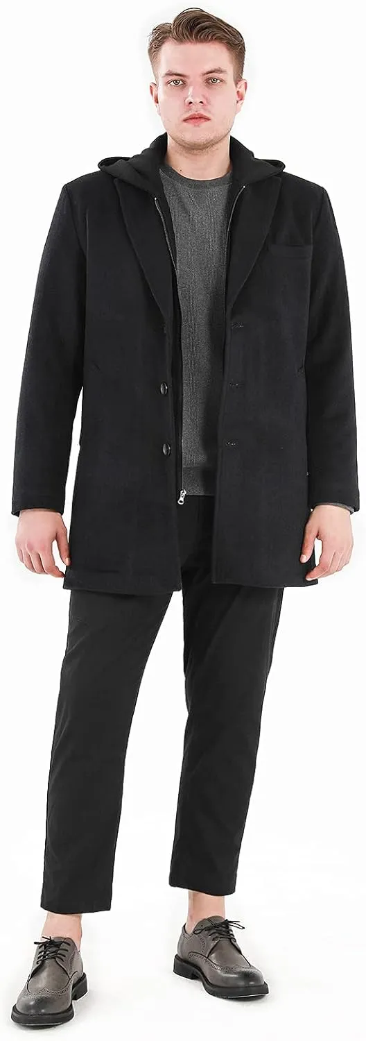 Lisskolo Men's Wool Blend Overcoat with Detachable Hooded Trench Coat Hip Length