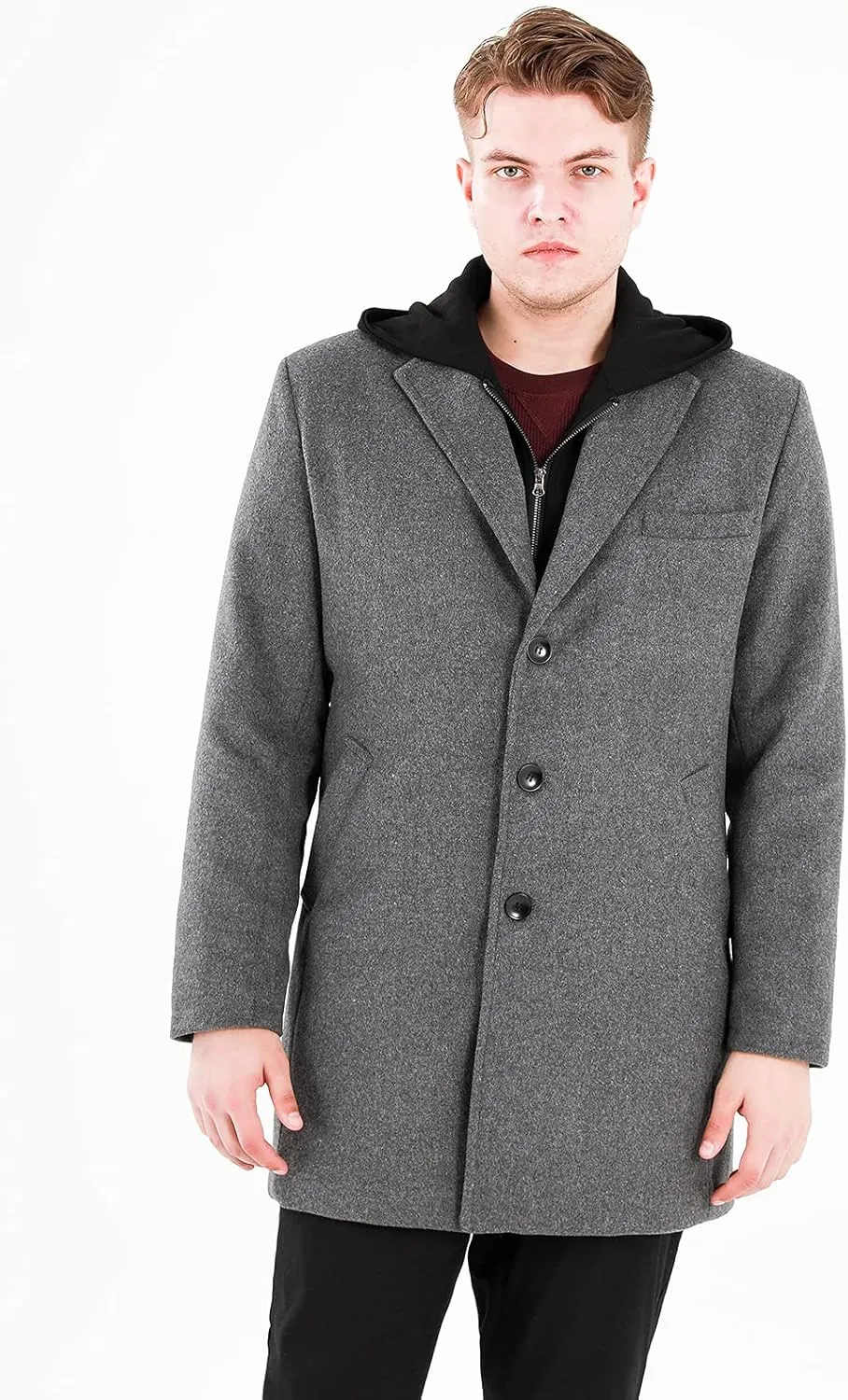 Lisskolo Men's Wool Blend Overcoat with Detachable Hooded Trench Coat Hip Length