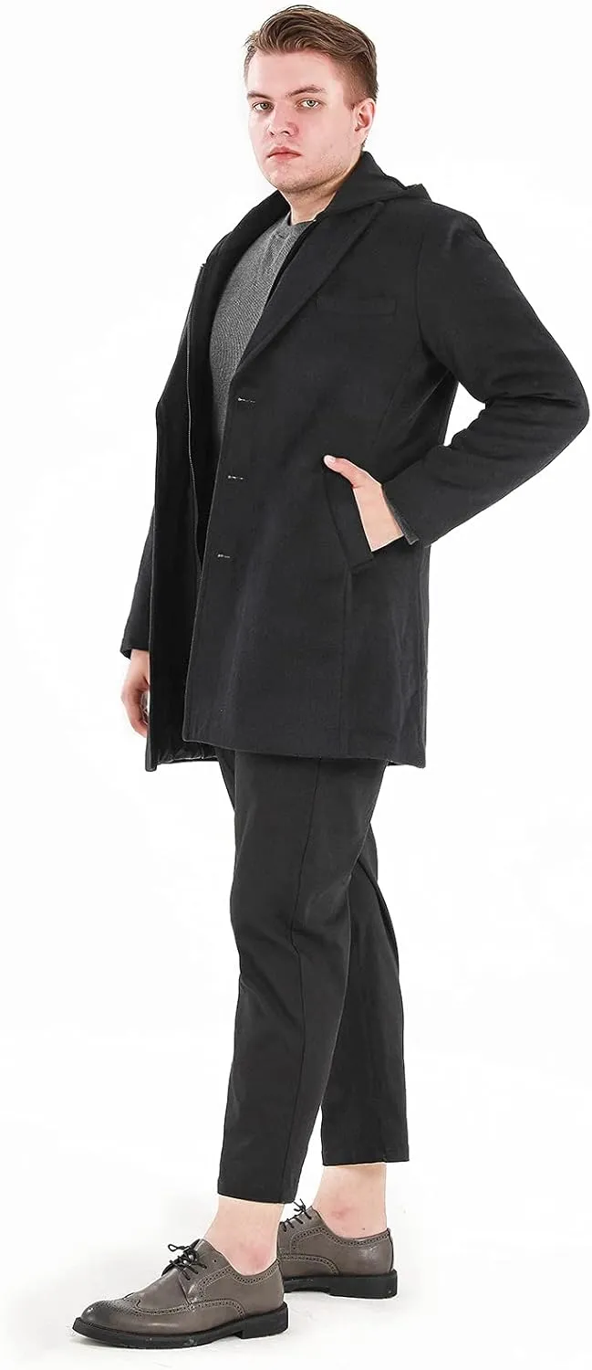 Lisskolo Men's Wool Blend Overcoat with Detachable Hooded Trench Coat Hip Length