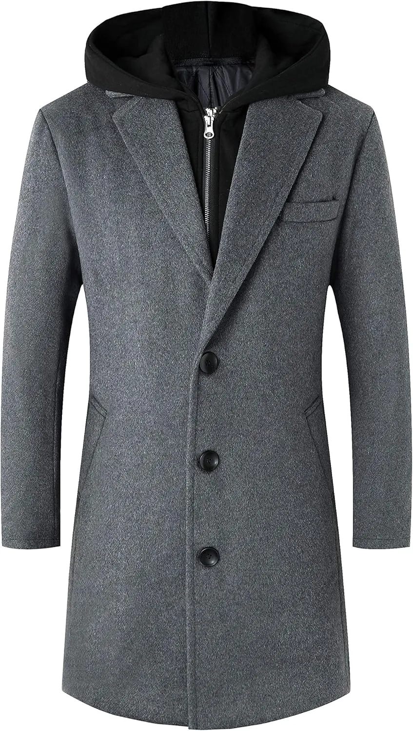 Lisskolo Men's Wool Blend Overcoat with Detachable Hooded Trench Coat Hip Length