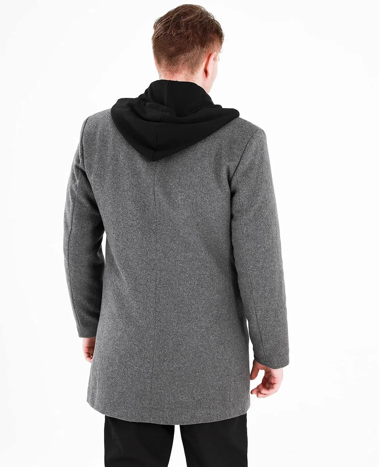 Lisskolo Men's Wool Blend Overcoat with Detachable Hooded Trench Coat Hip Length