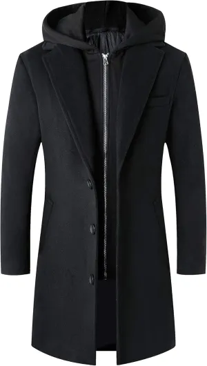 Lisskolo Men's Wool Blend Overcoat with Detachable Hooded Trench Coat Hip Length