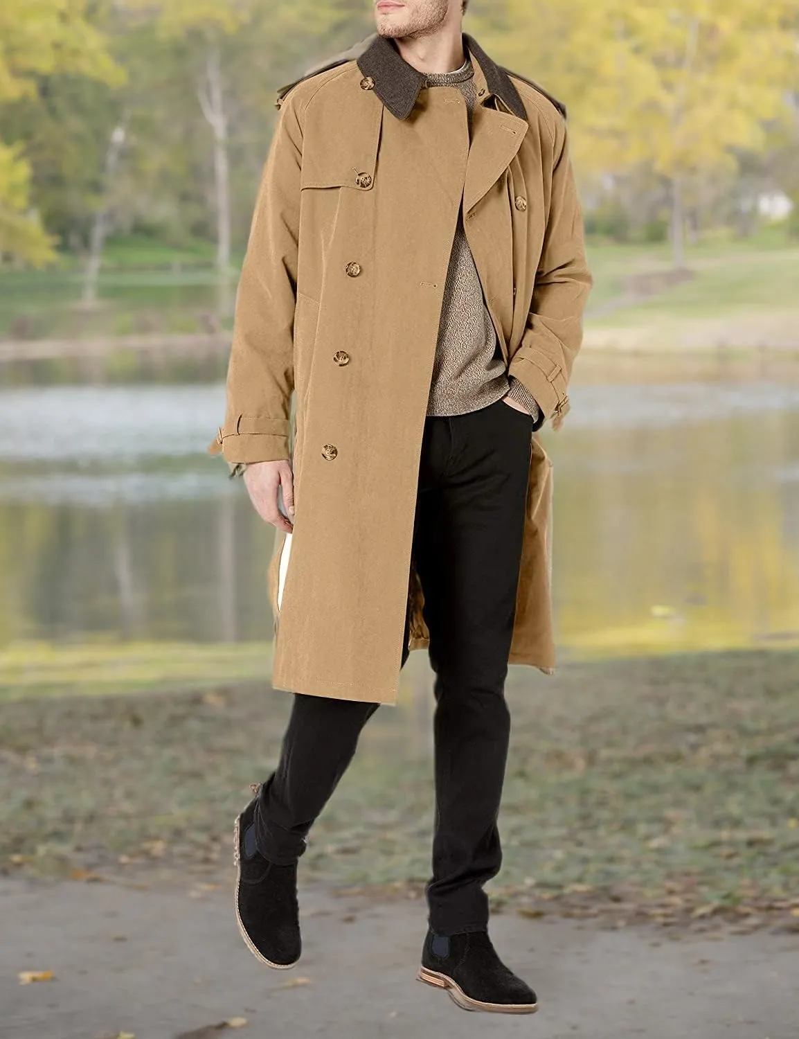 LONDON FOG Men's Iconic Double Breasted Trench Coat with Zip-Out Liner and Removable Top Collar