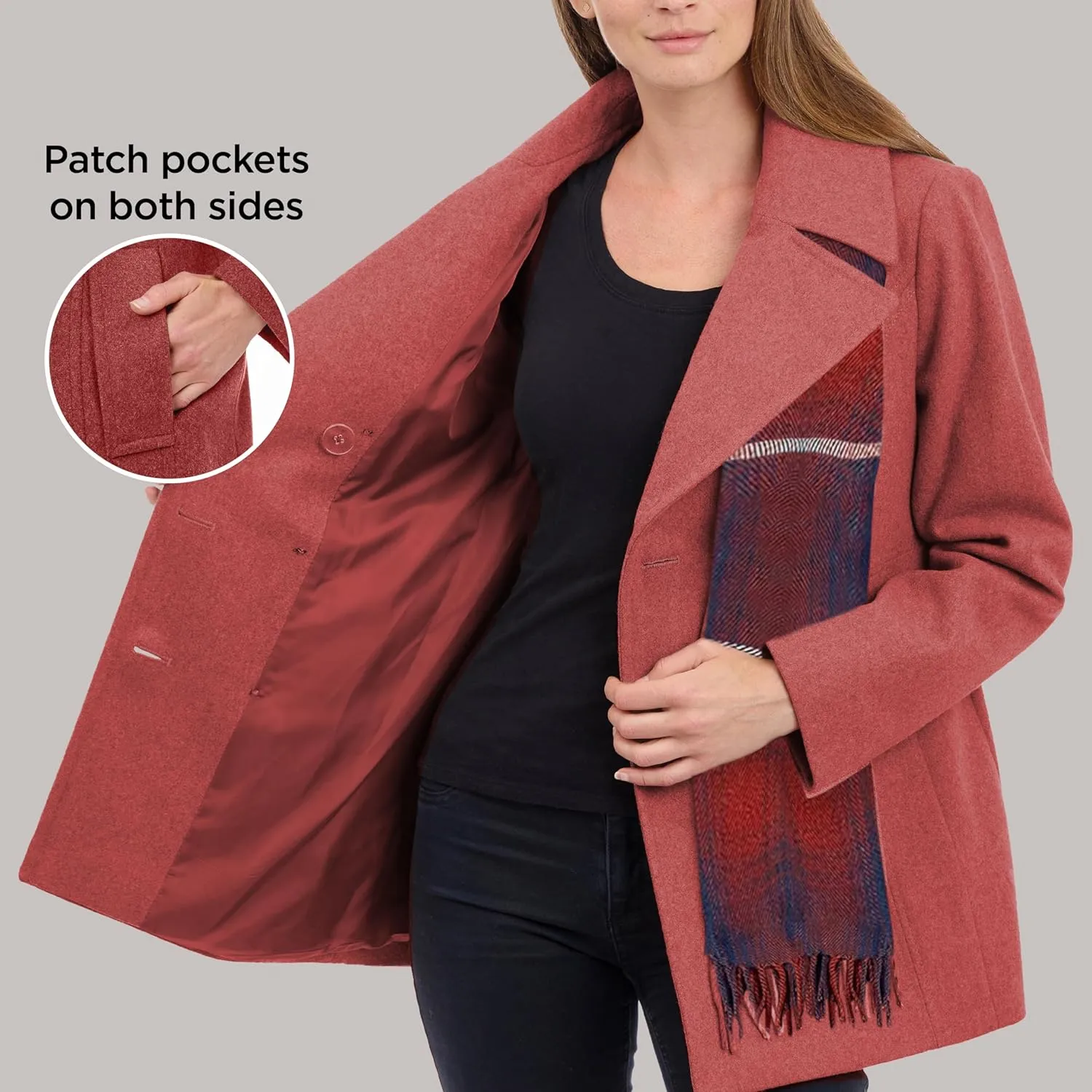 LONDON FOG Women's Double Breasted Peacoat with Scarf