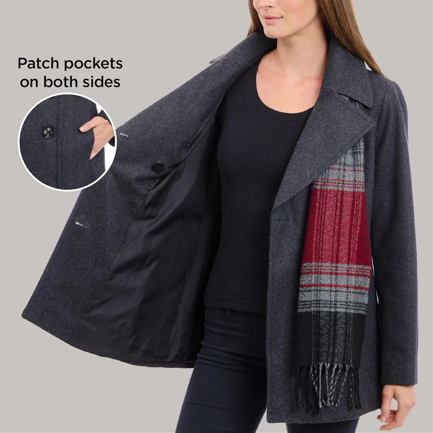 LONDON FOG Women's Double Breasted Peacoat with Scarf