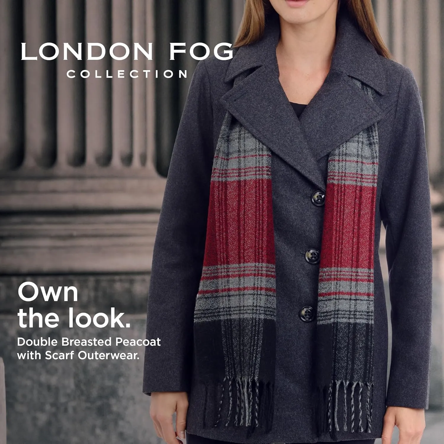 LONDON FOG Women's Double Breasted Peacoat with Scarf
