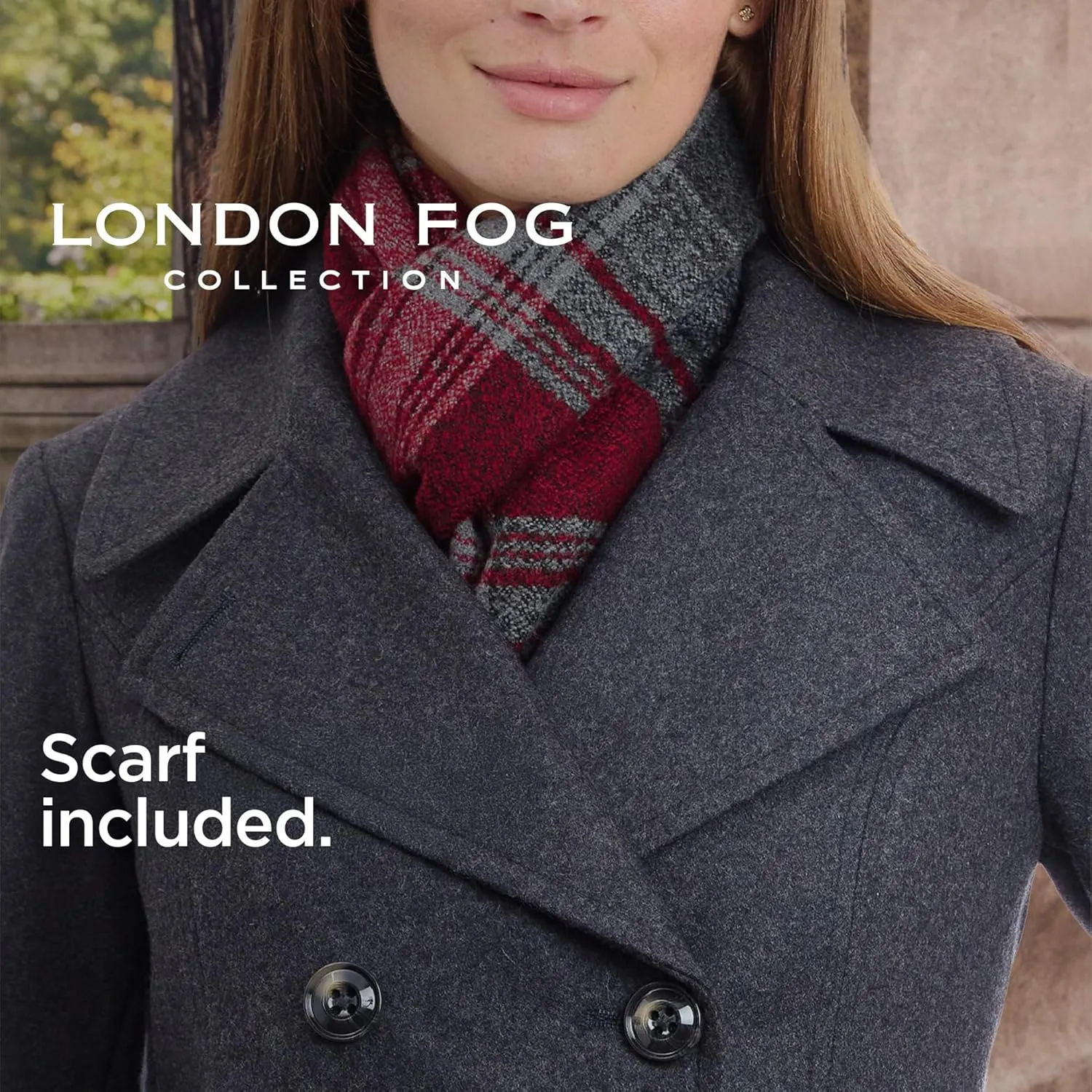 LONDON FOG Women's Double Breasted Peacoat with Scarf