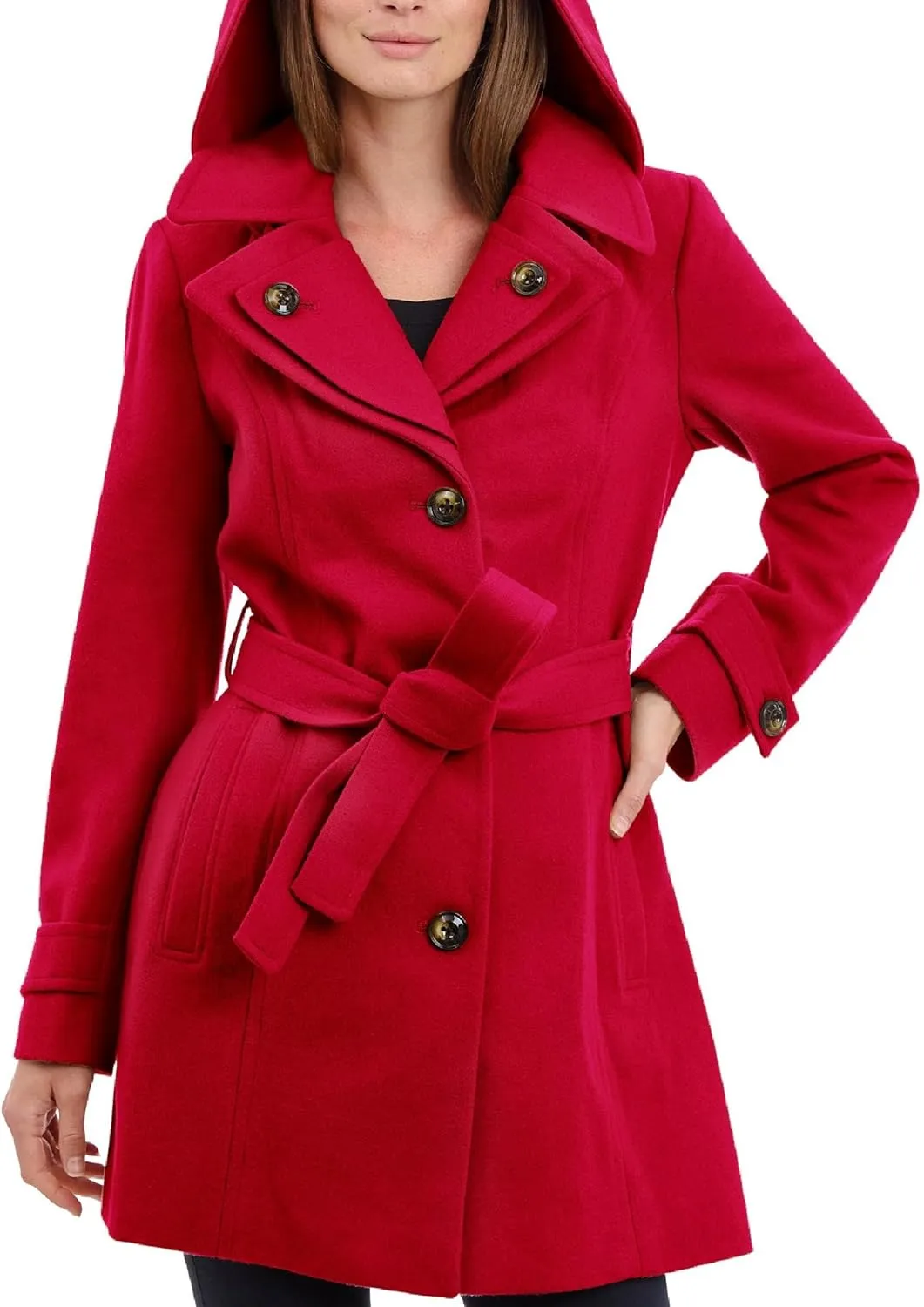 LONDON FOG Women's Double Lapel Thigh Length Button Frontwool Coat with Belt