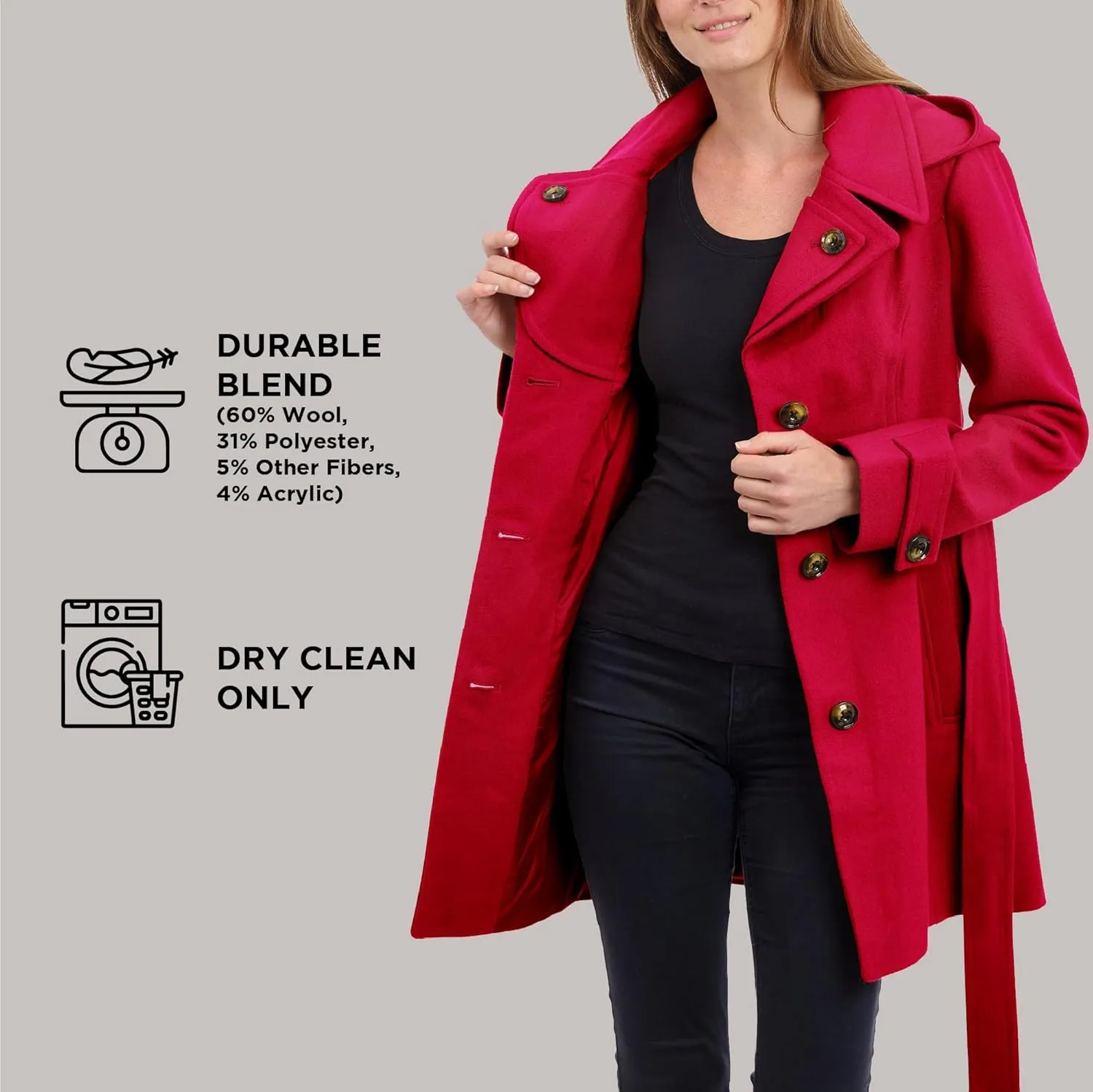 LONDON FOG Women's Double Lapel Thigh Length Button Frontwool Coat with Belt