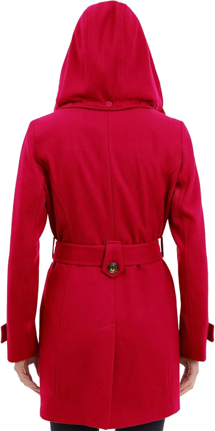 LONDON FOG Women's Double Lapel Thigh Length Button Frontwool Coat with Belt