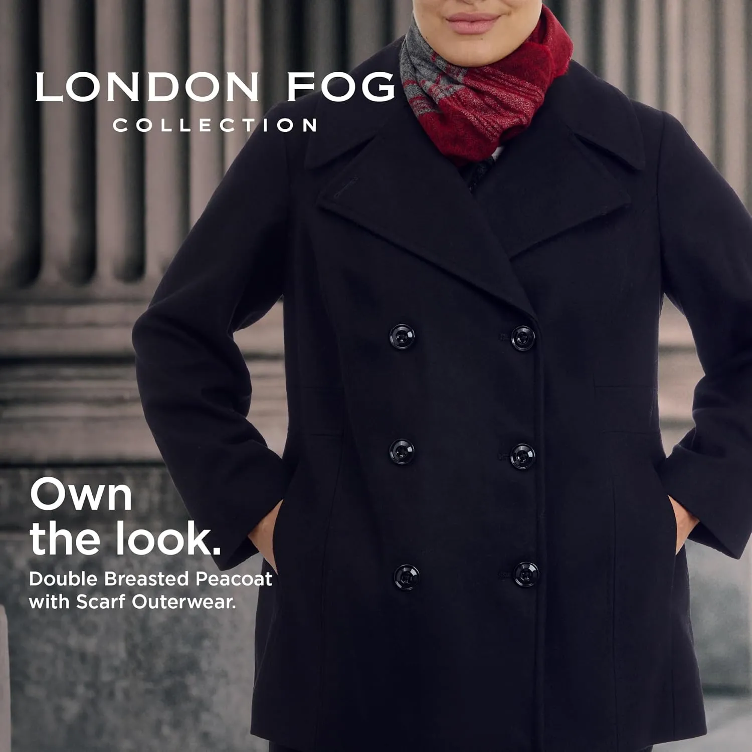 LONDON FOG Women's Plus-Size Double Breasted Peacoat with Scarf