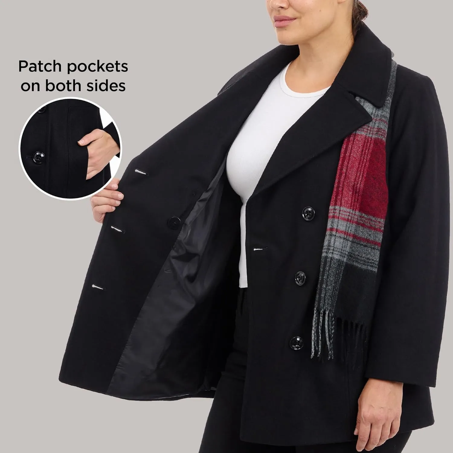 LONDON FOG Women's Plus-Size Double Breasted Peacoat with Scarf