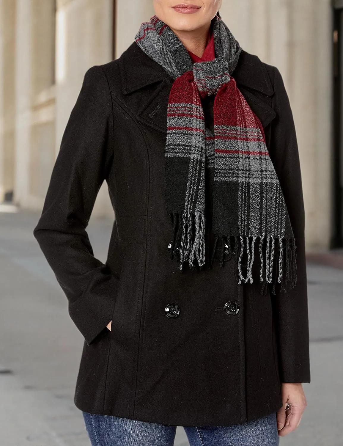 LONDON FOG Women's Plus-Size Double Breasted Peacoat with Scarf