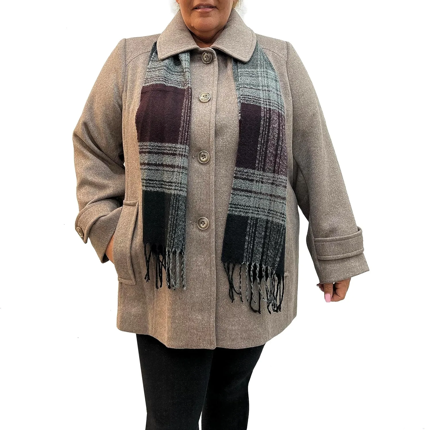 LONDON FOG Women's Single-Breasted Plus Size Wool Blend Coat with Scarf