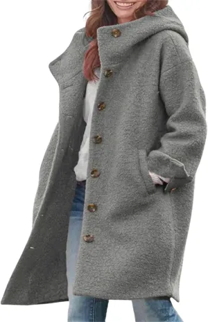 Long Wool Coat Women Casual Single Breasted Hooded Jacket Wool Blend Pea Coat Winter Trench Coat Jacket