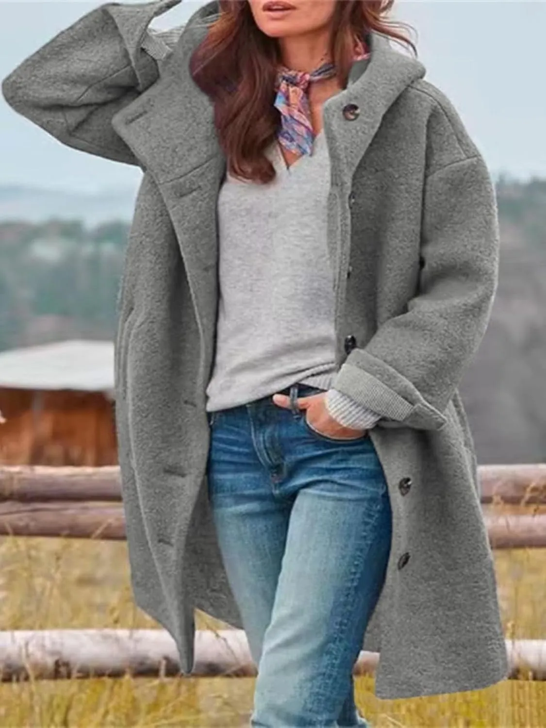 Long Wool Coat Women Casual Single Breasted Hooded Jacket Wool Blend Pea Coat Winter Trench Coat Jacket