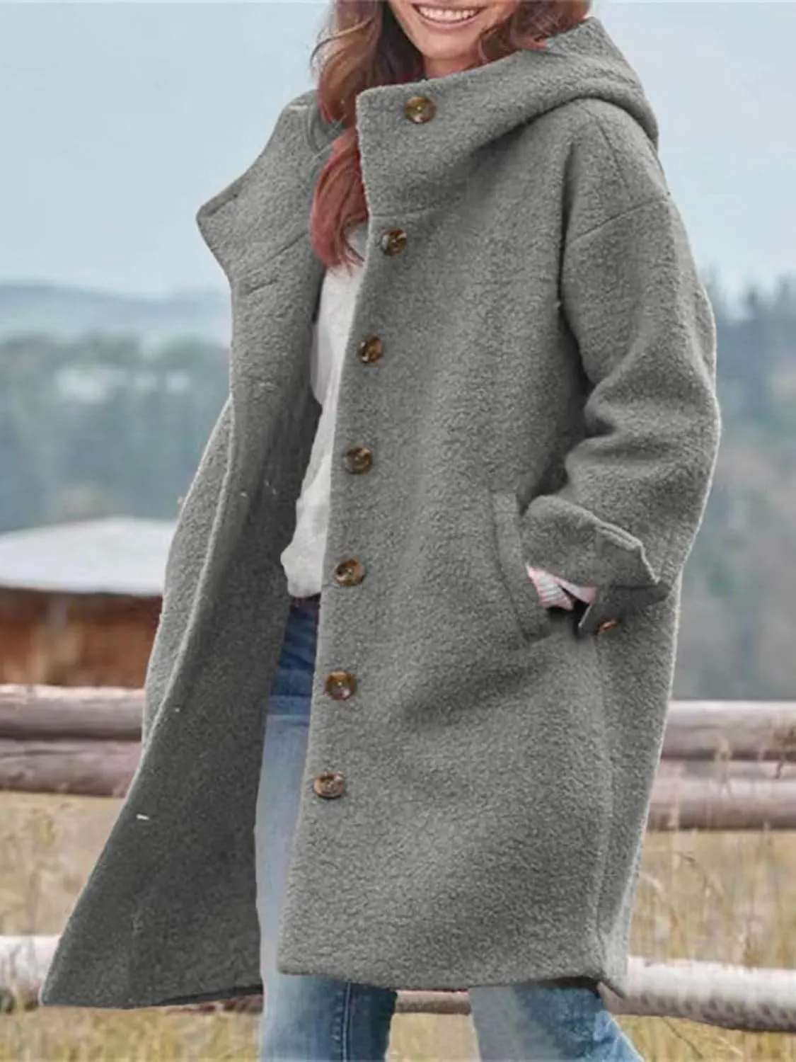 Long Wool Coat Women Casual Single Breasted Hooded Jacket Wool Blend Pea Coat Winter Trench Coat Jacket