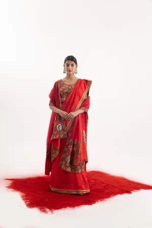 Luxurious 3-Piece Set Showcasing A Red Embroidered Saree