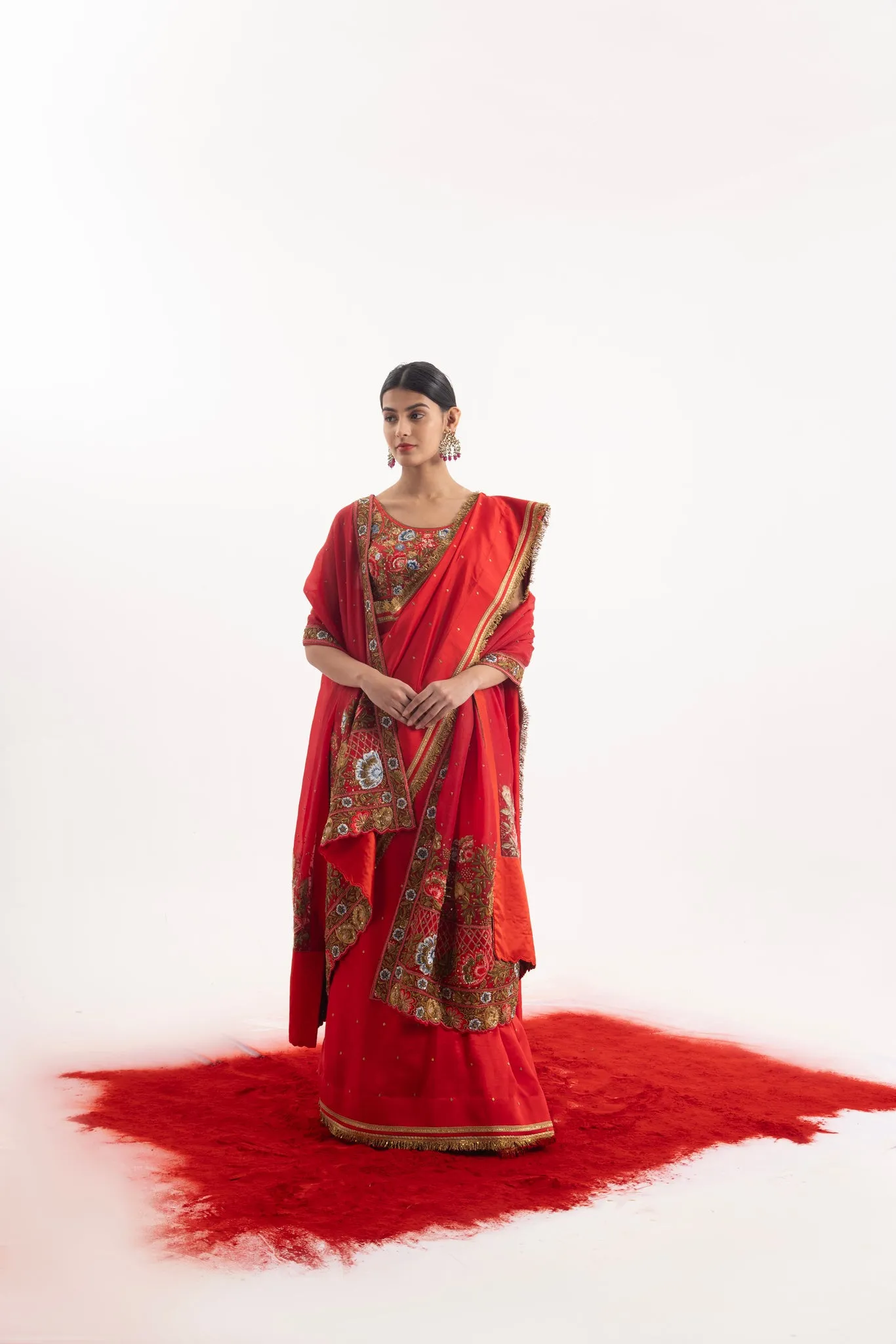 Luxurious 3-Piece Set Showcasing A Red Embroidered Saree