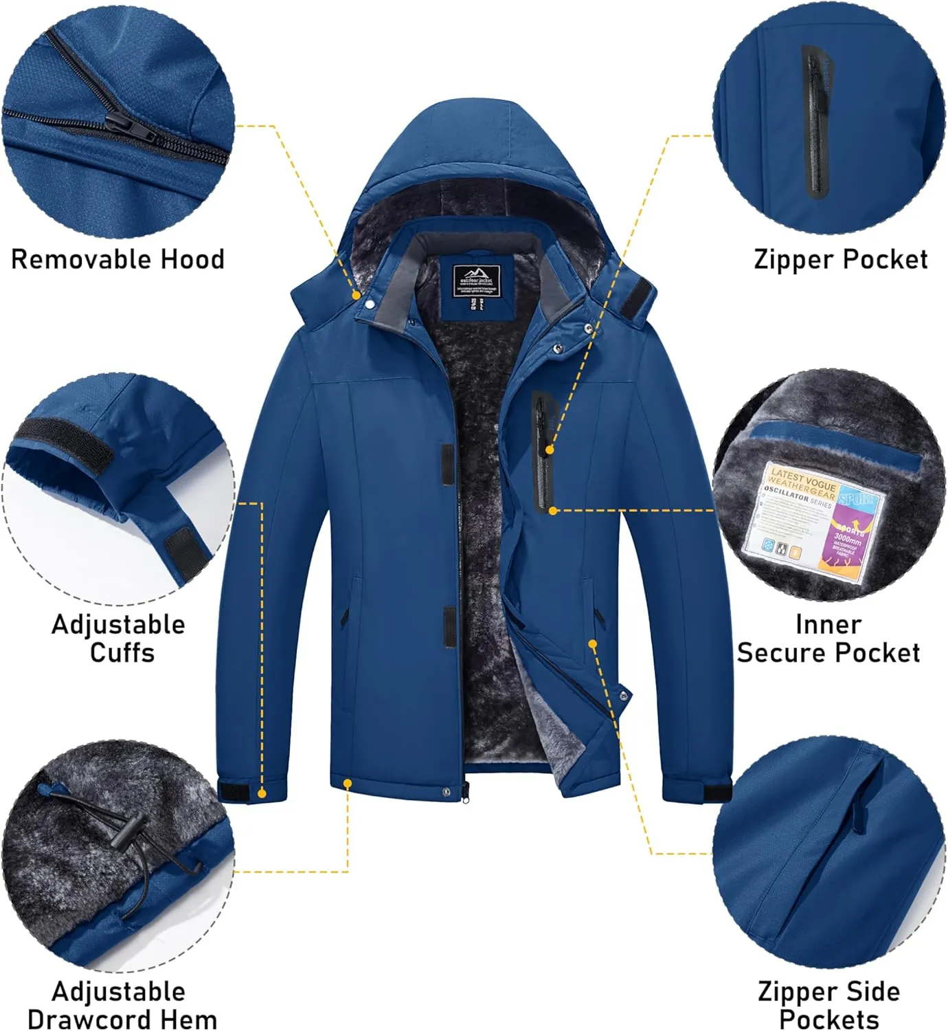 MAGCOMSEN Men's Winter Coats Ski Snow Rain Jackets Water Resistant with Hood Warm Fleece Parka Hiking Fishing Work
