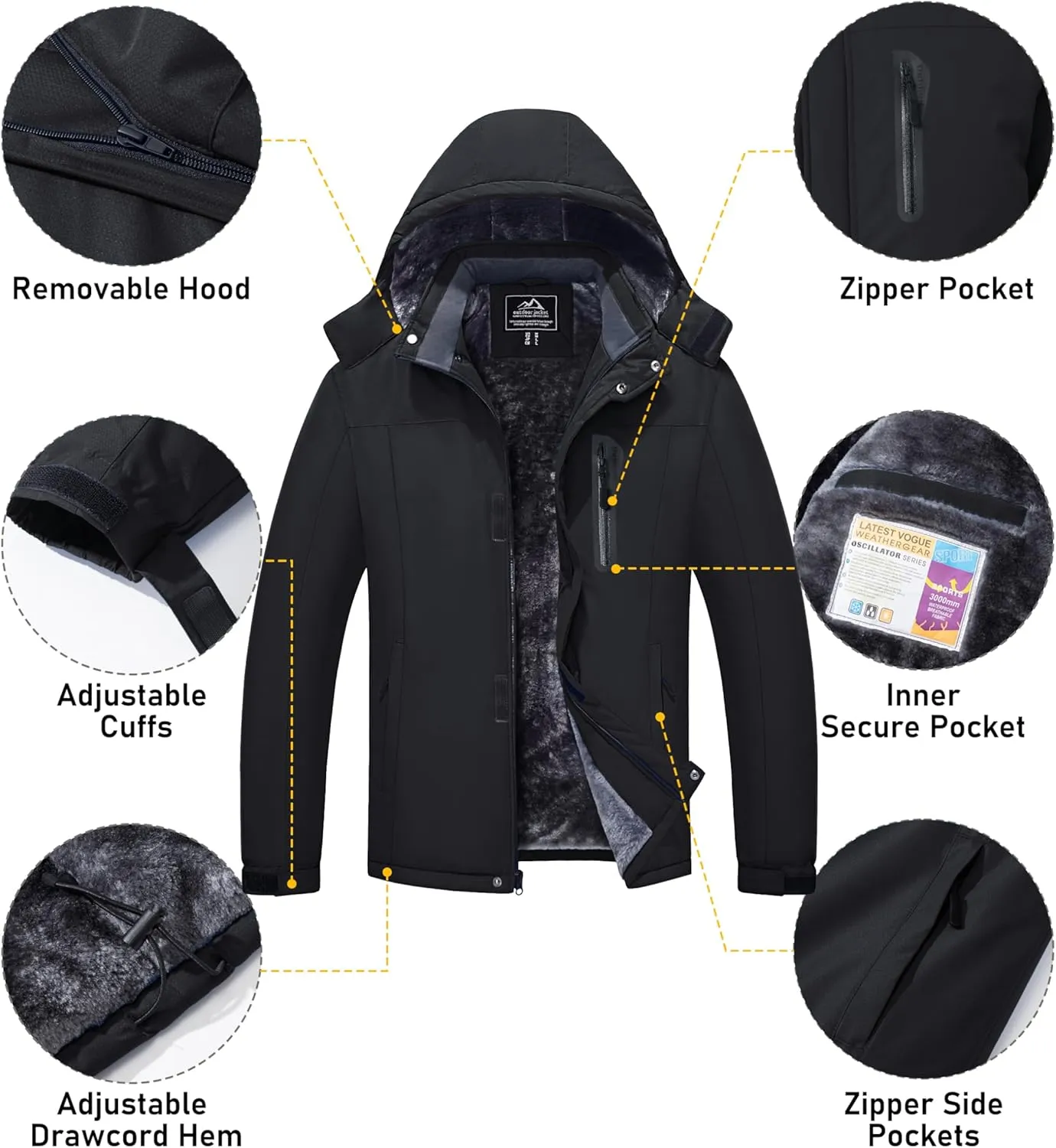 MAGCOMSEN Men's Winter Coats Ski Snow Rain Jackets Water Resistant with Hood Warm Fleece Parka Hiking Fishing Work