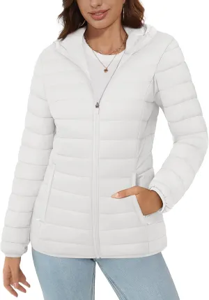 MAGCOMSEN Women's Hooded Puffer Jacket Lightweight Quilted Padded Coat 4 Pockets Zip-up Winter Warm Outerwear