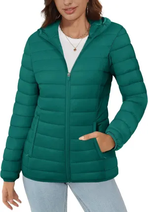MAGCOMSEN Women's Hooded Puffer Jacket Lightweight Quilted Padded Coat 4 Pockets Zip-up Winter Warm Outerwear
