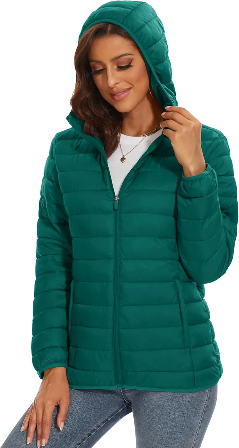MAGCOMSEN Women's Hooded Puffer Jacket Lightweight Quilted Padded Coat 4 Pockets Zip-up Winter Warm Outerwear