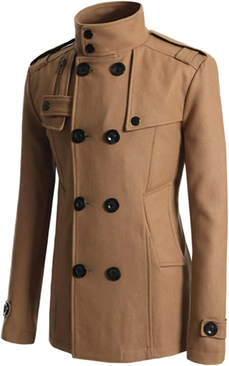 Maiyifu-GJ Men Double Breasted Wool Blend Pea Coat Winter Mid Long Windbreaker Overcoat Slim Fit Warm Trench Coat Outerwear