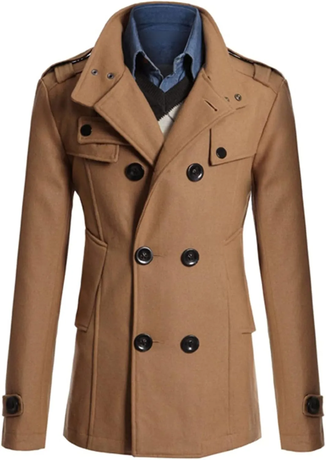 Maiyifu-GJ Men Double Breasted Wool Blend Pea Coat Winter Mid Long Windbreaker Overcoat Slim Fit Warm Trench Coat Outerwear