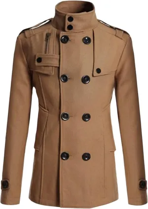 Maiyifu-GJ Men Double Breasted Wool Blend Pea Coat Winter Mid Long Windbreaker Overcoat Slim Fit Warm Trench Coat Outerwear