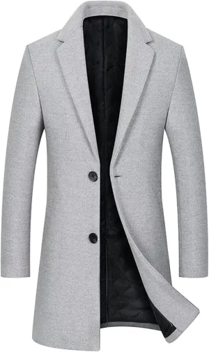 Maiyifu-GJ Men Wool Blend Trench Coat Single Breasted Business Slim Fit Pea Coats Mid-Length Notched Lapel Overcoat Jacket