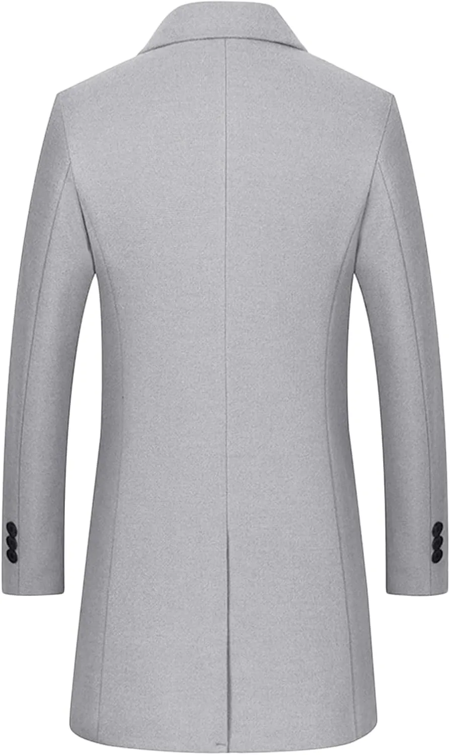 Maiyifu-GJ Men Wool Blend Trench Coat Single Breasted Business Slim Fit Pea Coats Mid-Length Notched Lapel Overcoat Jacket