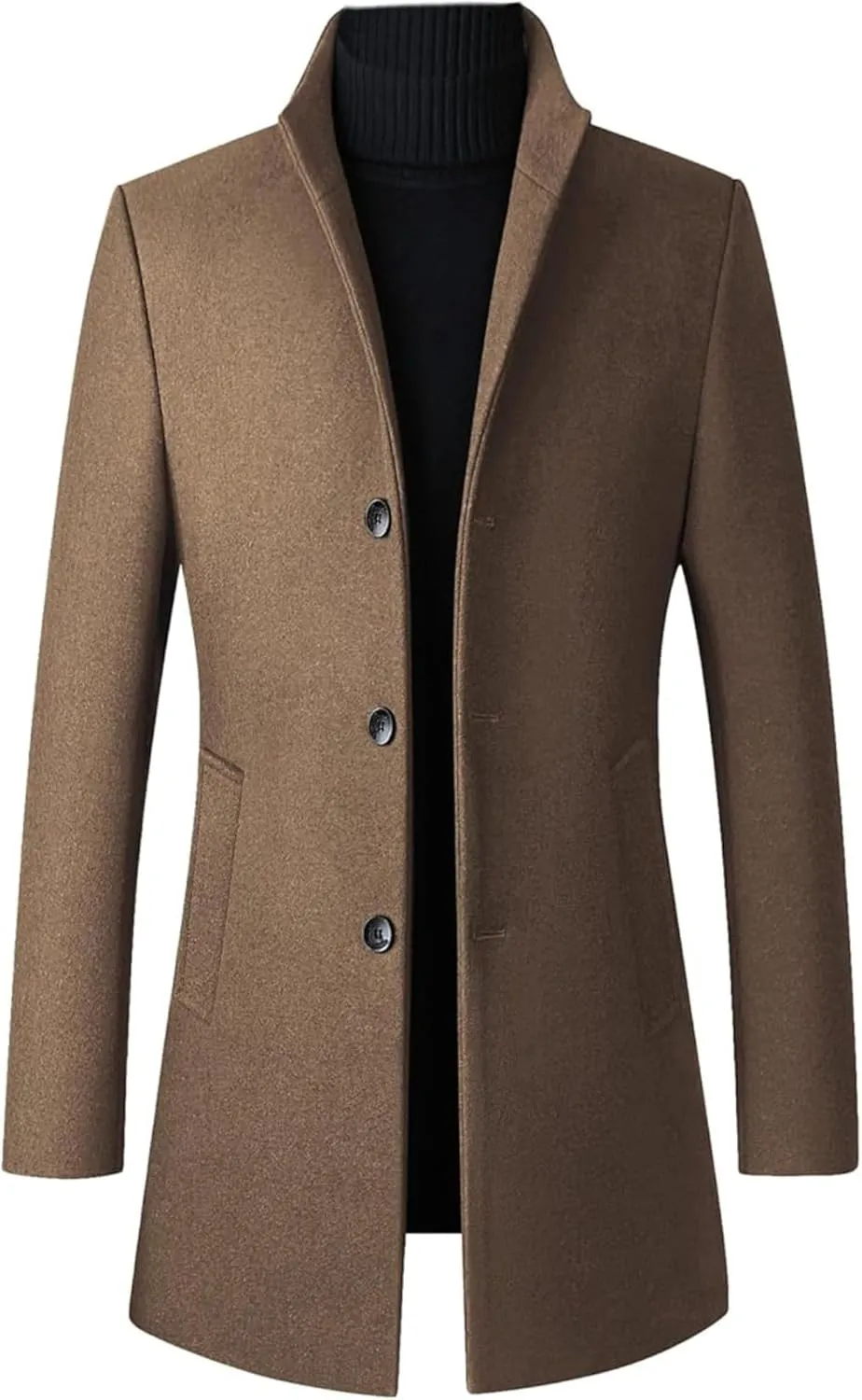 Maiyifu-GJ Men's Mid-Length Trench Coat Notch Lapel 2 Buttons Business Overcoat Single Breasted Wool Blend Top Pea Coats