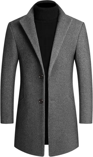 Maiyifu-GJ Men's Mid-Length Trench Coat Notch Lapel 2 Buttons Business Overcoat Single Breasted Wool Blend Top Pea Coats
