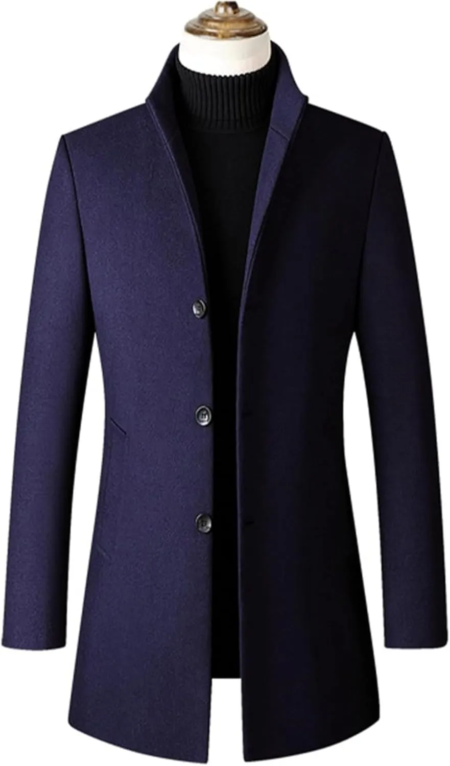 Maiyifu-GJ Men's Mid-Length Trench Coat Notch Lapel 2 Buttons Business Overcoat Single Breasted Wool Blend Top Pea Coats