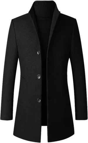 Maiyifu-GJ Men's Mid-Length Trench Coat Notch Lapel 2 Buttons Business Overcoat Single Breasted Wool Blend Top Pea Coats