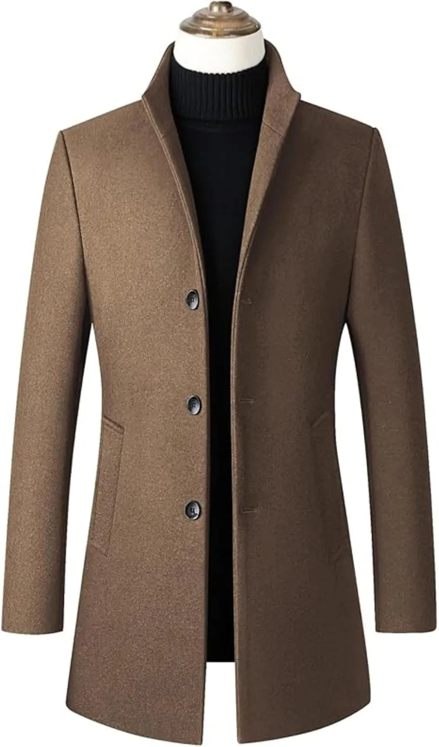 Maiyifu-GJ Men's Mid-Length Trench Coat Notch Lapel 2 Buttons Business Overcoat Single Breasted Wool Blend Top Pea Coats