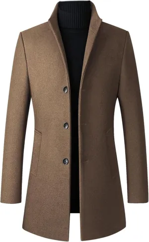 Maiyifu-GJ Men's Mid-Length Trench Coat Notch Lapel 2 Buttons Business Overcoat Single Breasted Wool Blend Top Pea Coats