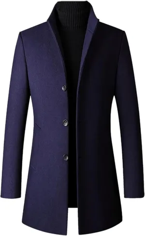 Maiyifu-GJ Men's Mid-Length Trench Coat Notch Lapel 2 Buttons Business Overcoat Single Breasted Wool Blend Top Pea Coats