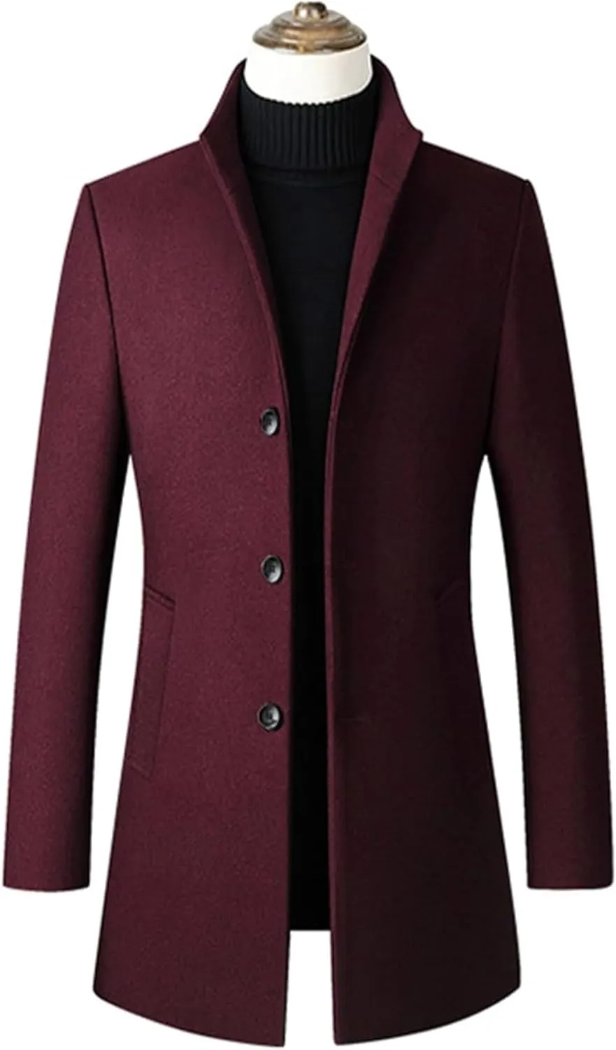 Maiyifu-GJ Men's Mid-Length Trench Coat Notch Lapel 2 Buttons Business Overcoat Single Breasted Wool Blend Top Pea Coats