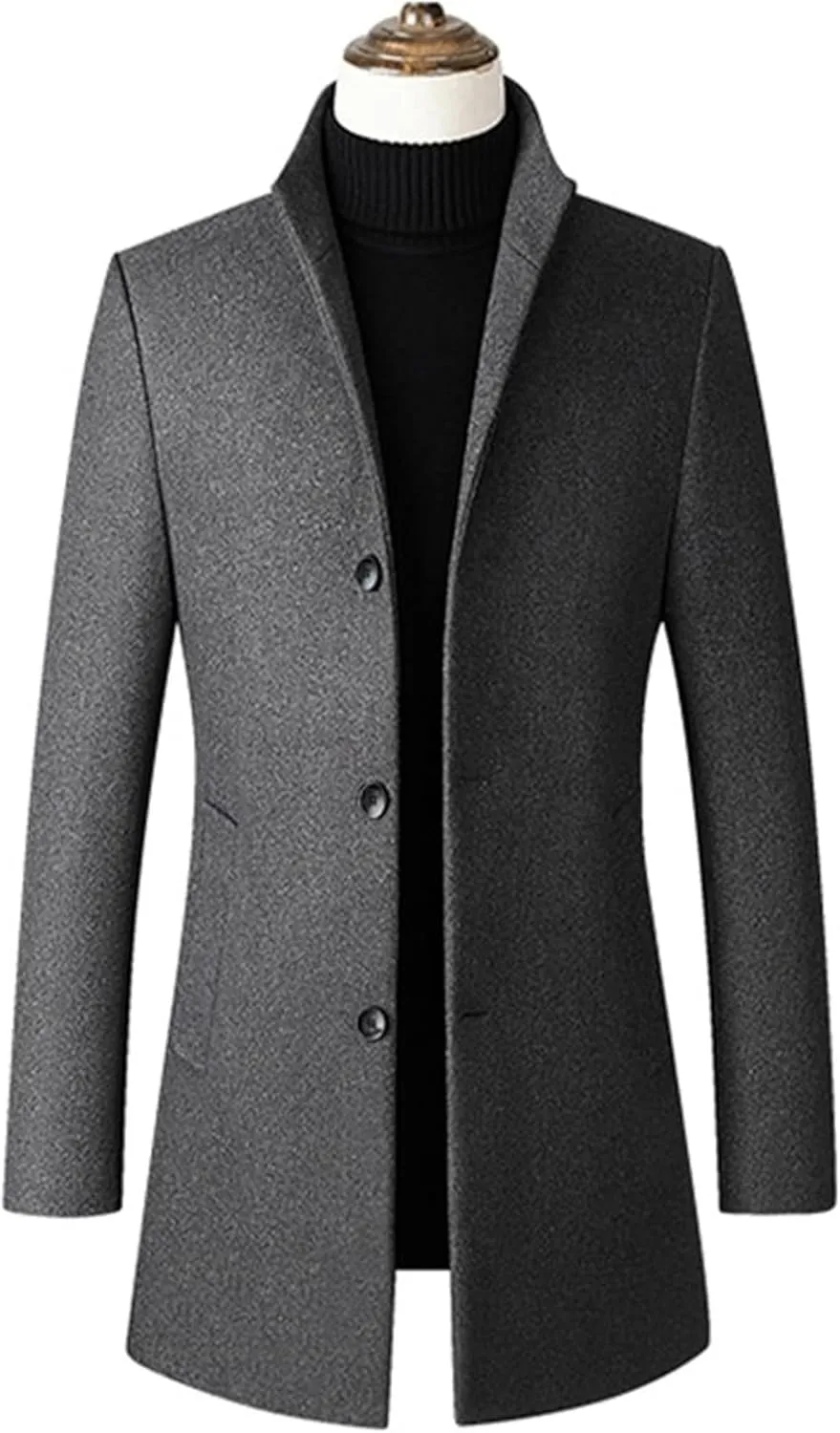 Maiyifu-GJ Men's Mid-Length Trench Coat Notch Lapel 2 Buttons Business Overcoat Single Breasted Wool Blend Top Pea Coats