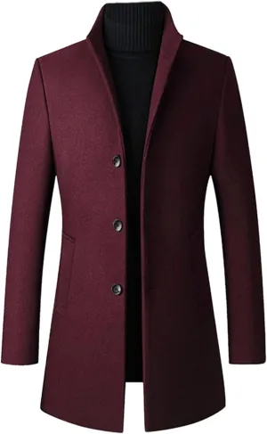 Maiyifu-GJ Men's Mid-Length Trench Coat Notch Lapel 2 Buttons Business Overcoat Single Breasted Wool Blend Top Pea Coats