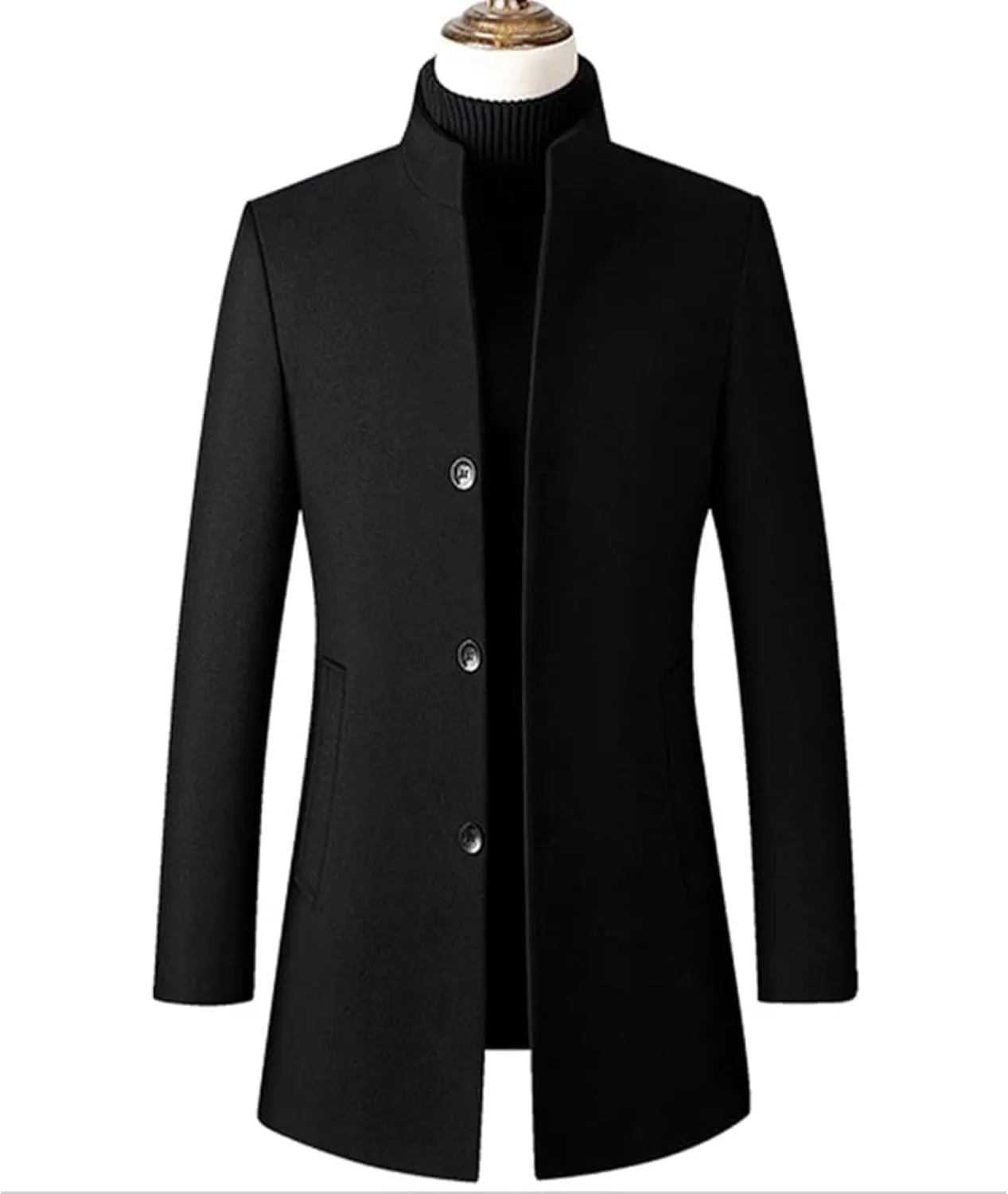 Maiyifu-GJ Men's Mid-Length Trench Coat Notch Lapel 2 Buttons Business Overcoat Single Breasted Wool Blend Top Pea Coats