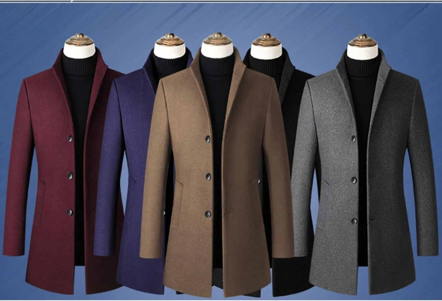 Maiyifu-GJ Men's Mid-Length Trench Coat Notch Lapel 2 Buttons Business Overcoat Single Breasted Wool Blend Top Pea Coats