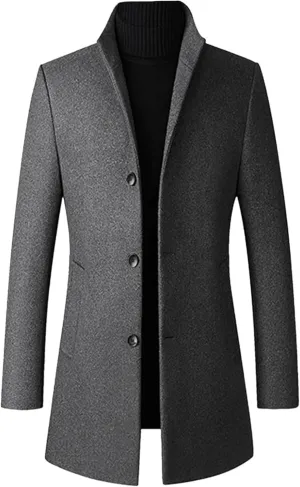 Maiyifu-GJ Men's Mid-Length Trench Coat Notch Lapel 2 Buttons Business Overcoat Single Breasted Wool Blend Top Pea Coats