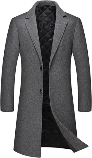Maiyifu-GJ Men's Slim Winter Wool Blend Coat Single Breasted Business Long Pea Coats Notched Lapel Trench Jacket Overcoat