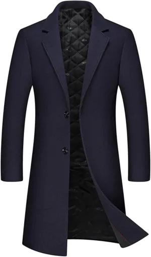 Maiyifu-GJ Men's Slim Winter Wool Blend Coat Single Breasted Business Long Pea Coats Notched Lapel Trench Jacket Overcoat
