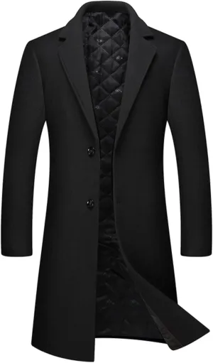Maiyifu-GJ Men's Slim Winter Wool Blend Coat Single Breasted Business Long Pea Coats Notched Lapel Trench Jacket Overcoat
